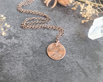 Moth Copper Necklace - large mushroom, moth, or raven circle charm pendant, whimsical celestial woodland crowcore jewelry, nickel free