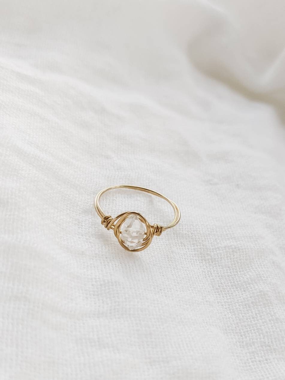 Herkimer Diamond Gemstone Ring - Brass Gold Plated, Adjustable, Handmade Bezel Setting - View #2