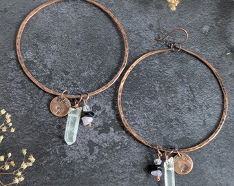 Large Hammered Copper Charm Hoop Earrings - stamped woodland charms, quartz, amethyst, obsidian & herkimer diamond crystal gemstone dangles