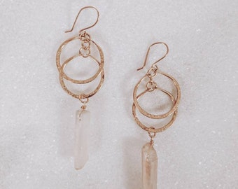 Eclipse Earrings - raw crystal earrings, boho bridal earrings, brass earrings, raw quartz earrings, raw stone earrings, space earrings,