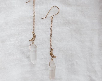 Quartz and Moon Earrings, hammered brass celestial jewelry, nickel free gemstone jewelry, raw quartz crystal earrings, astronomy lover gift