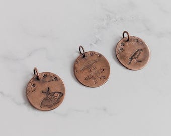 Large Stamped Copper Necklace - mushroom, moth, or raven charm coin pendant, whimsical celestial woodland crowcore jewelry, nickel free