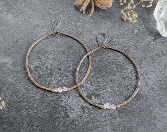 Large Hammered Copper & Herkimer Diamond Hoop Earrings - solid antique copper wire wrapped clear crystal hoops, rustic boho gemstone jewelry