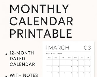 Calendario mensual imprimible / Planificador minimalista en PDF / Calendario de 12 meses con notas y reflexión / Descarga instantánea