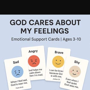 Affirmatiekaarten voor christelijke emoties voor kinderen | Afdrukbare op geloof gebaseerde gevoelens-flashcards | Emotionele steun voor peuters | Gereedschap voor zondagsschool