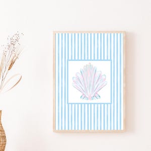 Scallop Shell Art on Blue Stripes, Canvas Wall Art, Nautical Print, Coastal Wall Art, Nautical Decor, Beach Decor, Scallop Shell Art Print