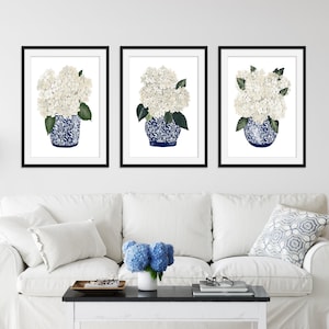 Chinoiserie Ginger Jar Print - Blue White Chinoiserie with Hydrangeas White Flowers - Chinoiserie Decor Print - Chinoiserie Blue White Vase