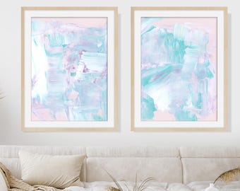 Mauve Turquoise Abstract Art Print, Coastal Wall Decor Set