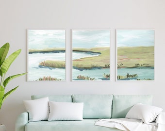 Abstract Print Set of 3 - Seaside Painting Beach House Decor Seascape Wall Art - Nautical Seascape Beach Decor - Wall Art Print Set of 3