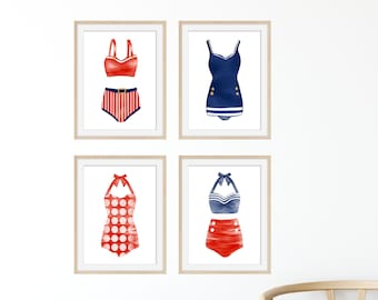 Vintage Swimsuit Prints - Set of 4, Retro Beach Decor