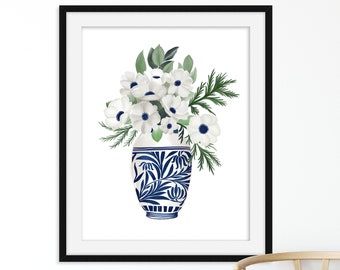 Chinoiserie Art Print - Anemone Flower Art - Chinoiserie Painting - Chinoiserie Print - Chinoiserie Art Painting - Blue Wall Art - Wall Art