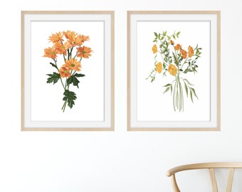 Watercolor Print set of 2 - Botanical Art Print - Large Wall Art Prints - Watercolor Prints - Yellow Floral Prints - Orange Painting Prints