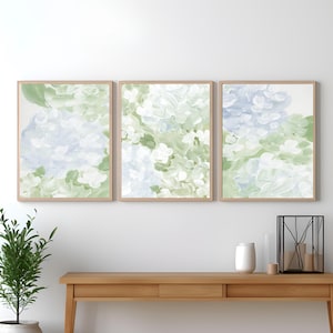 Hydrangea Floral Art - Prints on Canvas or Paper - Wall Art Decor - Print Set of 3 - Nautical Decor - Cottage Wall Art - French Country Art