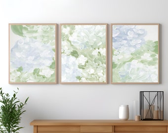 Hydrangea Floral Art - Prints on Canvas or Paper - Wall Art Decor - Print Set of 3 - Nautical Decor - Cottage Wall Art - French Country Art