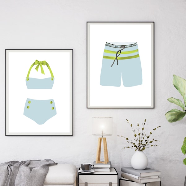 Turquoise Swimsuit Art Print Set: Vintage Beach Decor, Watercolor Style