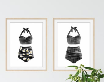 Vintage Swimsuit Art Print - Watercolor Art Print -  Home Decor - Beach Decor - Nautical Print set of 2 - Black Bathing Suit Art Print - Art