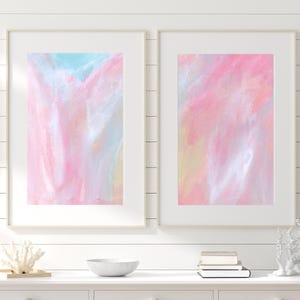 Pink Turquoise Abstract Art, Modern Abstract Landscape Prints, Summer House Wall Art, Abstract Coastal Print set of 2, Florida Canvas Art