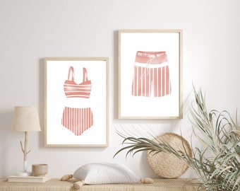 Vintage Swimsuit Watercolor Art Print Set: Beach Decor