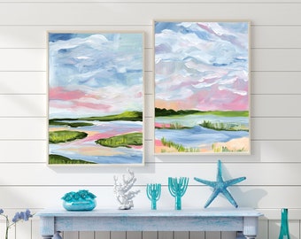 Sunset Original Painting Print - Marsh Print Set of 2 - Acrylic Paintings - Modern Paintings - Prints of Southern Marsh - Cloud Paintings