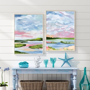 Impression de peinture originale coucher de soleil - lot de 2 impressions marais - peintures acryliques - peintures modernes - estampes des marais du sud - peintures de nuages