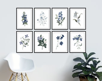 Botanical Print Set of 8 - Botanical Illustration - Botanical Art - Blue Botanical Prints - Wall Hanging - Home Decor - Prints - Wall Art