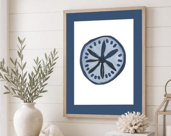 Blue Sand Dollar Coastal Art Print, Nautical Beach Wall Decor, Modern Seashell Illustration, Ocean Inspired Artwork