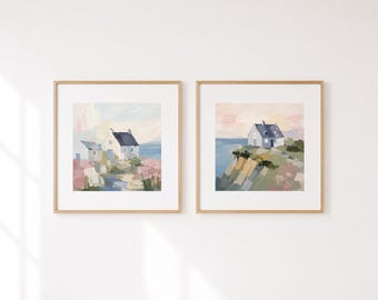 Coastal Cottage Prints Set of 2, Beach House Wall Decor, Irish Seaside Artwork, Soft Neutral Coastal Art