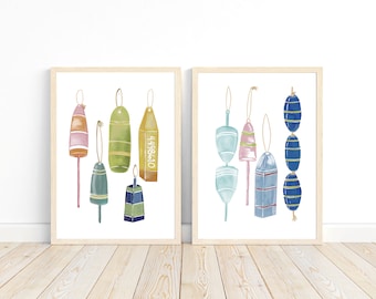 Nautical Wall Art Decor - Buoy Print Set of 2 - Nautical Art Prints - Watercolor Paintings - Coastal Prints - Nautical Wall Art Print Set 2