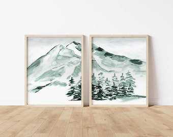 Mountain Print Set of 2 - Print Set of 2 Landscape of Mountains - Modern Wall Art Prints - Prints of Mountain - Christmas Painting Wall Art