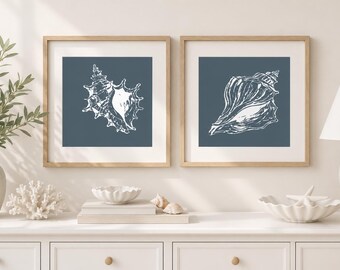 Coastal Seashell Print Set of 2,  Reef Conch and a Shank Conch Wall Art, Vintage Marine Shell Illustrations, Beach House Decor