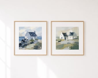 Coastal Cottage Prints Set of 2, Beach House Wall Decor, Irish Seaside Artwork, Soft Neutral Coastal Art