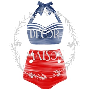May include: A blue and white striped swimsuit top with a bow and the word "DECOR" printed on it. The bottom is red with the word "MAISON" printed on it. The swimsuit is surrounded by a wreath of white leaves.