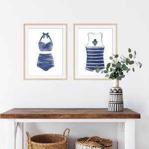 Vintage Swimsuit Art Print - Watercolor Art Print -  Home Decor - Beach Decor - Nautical Print set of 2 - Blue Bathing Suit Art Print - Art