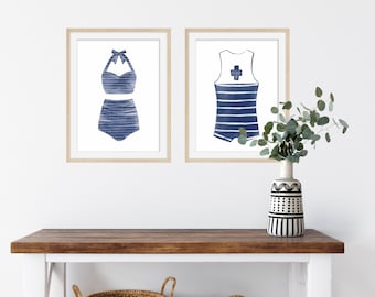 Vintage Swimsuit Watercolor Art Prints - Nautical Home Decor Set