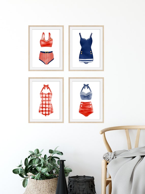Vintage Swimsuit Prints - Set of 4, Retro Beach Decor