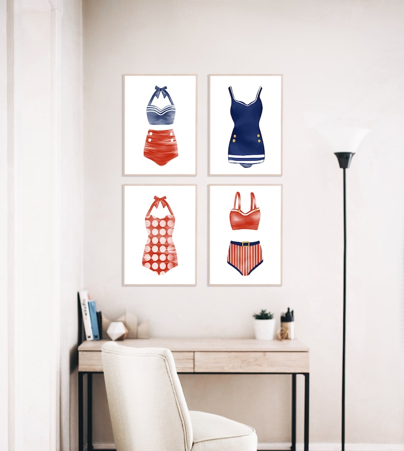May include: Four framed prints of vintage swimsuit designs. Each print features a different red and blue swimsuit style. The swimsuits are all in a retro style.