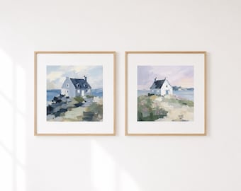 Coastal Cottage Prints Set of 2, Beach House Wall Decor, Irish Seaside Artwork, Soft Neutral Coastal Art