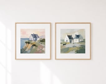 Country Cottage Prints Set of 2, Beach House Wall Decor, Irish Seaside Artwork, Soft Neutral Coastal Art