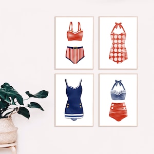 May include: Four framed prints of vintage swimsuit designs. The prints feature red and blue swimsuits with different patterns, including stripes, polka dots, and a sailor-inspired design.