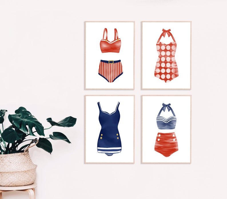 May include: Four framed prints of vintage swimsuit designs. The prints feature red and blue swimsuits with different patterns, including stripes, polka dots, and a sailor-inspired design.
