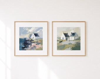 Harbor Coastal Cottage Prints Set of 2, Beach House Wall Decor, Irish Seaside Artwork, Soft Neutral Coastal Art