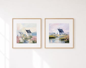 Coastal Cottage Prints Set of 2, Beach House Wall Decor, Irish Seaside Artwork, Soft Neutral Coastal Art