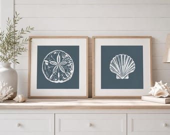 Coastal Seashell Print Set of 2, Sand Dollar and Scallop Wall Art, Vintage Marine Shell Illustrations, Beach House Decor