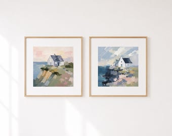 Coastal Cottage Prints Set of 2, Beach House Wall Decor, Country Seaside Artwork, Soft Neutral Coastal Art