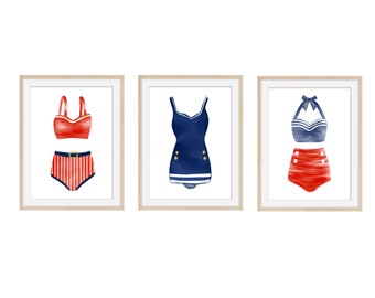 Vintage Retro Swimsuit Art Print - Watercolor Art Print - Home Decor - Beach Decor - Nautical Print set of 3 - Retro Bathing Suit Art Print