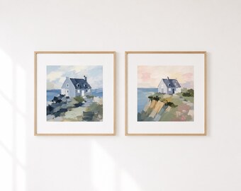 Coastal Cottage Prints Set of 2, Beach House Wall Decor, Irish Seaside Artwork, Soft Neutral Coastal Art