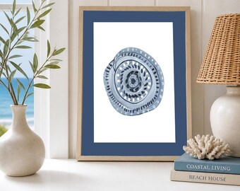Blue Coastal Shell Art Print | Modern Nautical Botanical Wall Art | Beach House Decor | Ocean Inspired Blue & White Artwork
