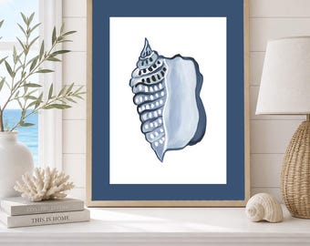 Blue Whelk Shell Art Print | Coastal Nautical Wall Art | Beach House Decor | Ocean Inspired Botanical Illustration