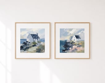 Coastal Cottage Prints Set of 2, Beach House Wall Decor, Irish Seaside Artwork, Soft Neutral Coastal Art