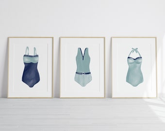 Vintage Swimsuit Watercolor Art Print Set: Teal Blue Beach Decor